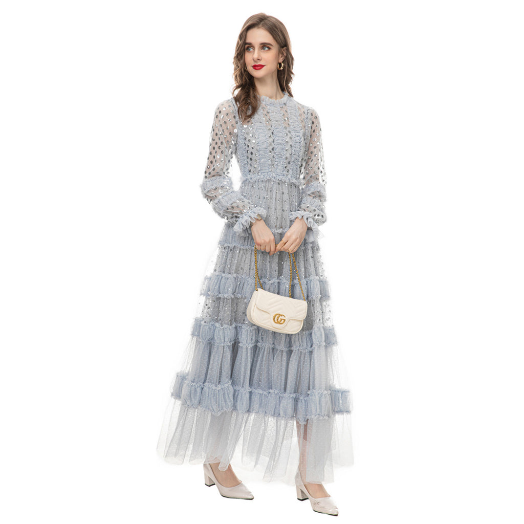 Fashion Women's Elegant Luxury Maxi Dress Round Neck Long Sleeve Spliced Sequins Mesh Dresses